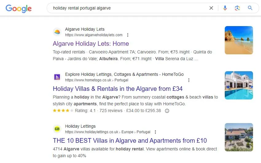 google search results for algarve holiday rental 